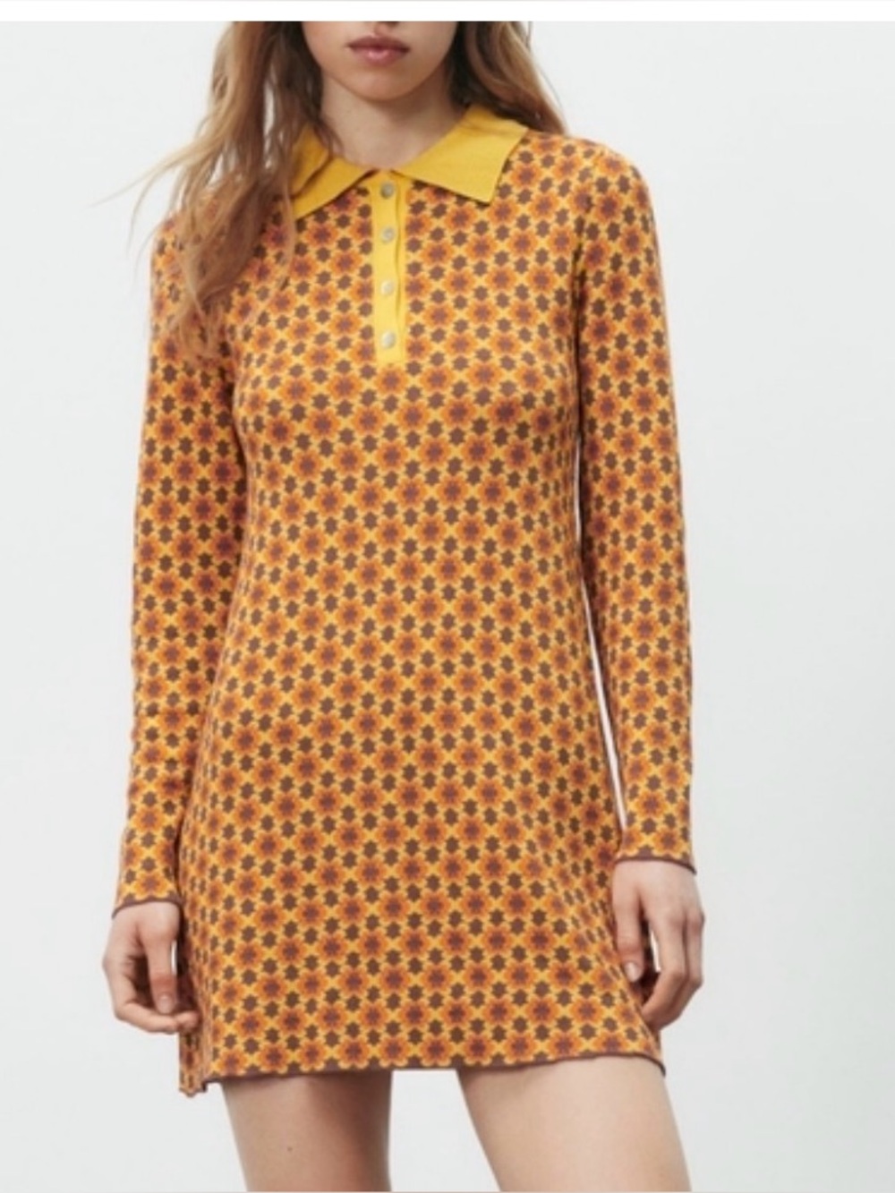 Zara Yellow Floral Knit Polo Dress with Contrasting Collar